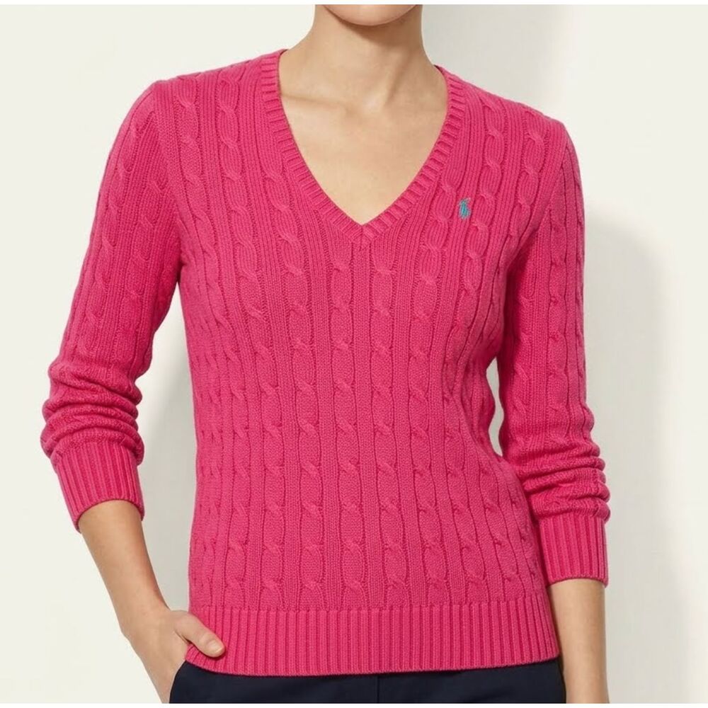 Vintage Ralph Lauren Sport Cable Knit V Neck Sweater Hot Pink Cotton Size M